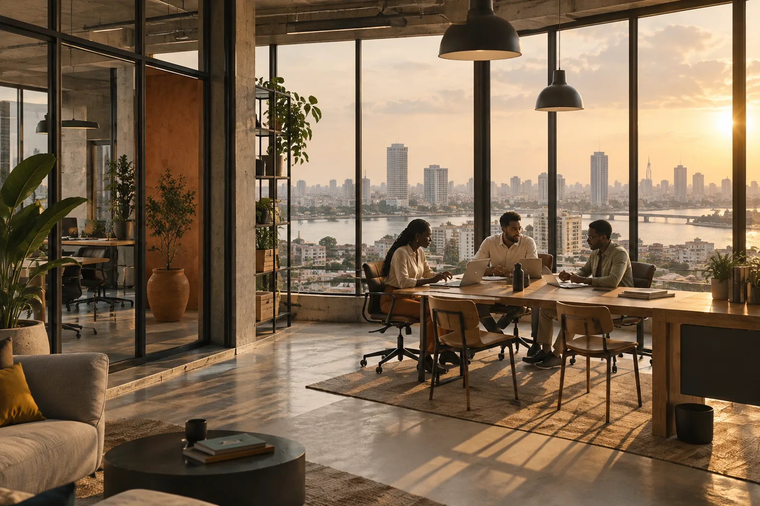 Trois associés réunis autour d'une table de travail face à la ville au coucher du soleil
